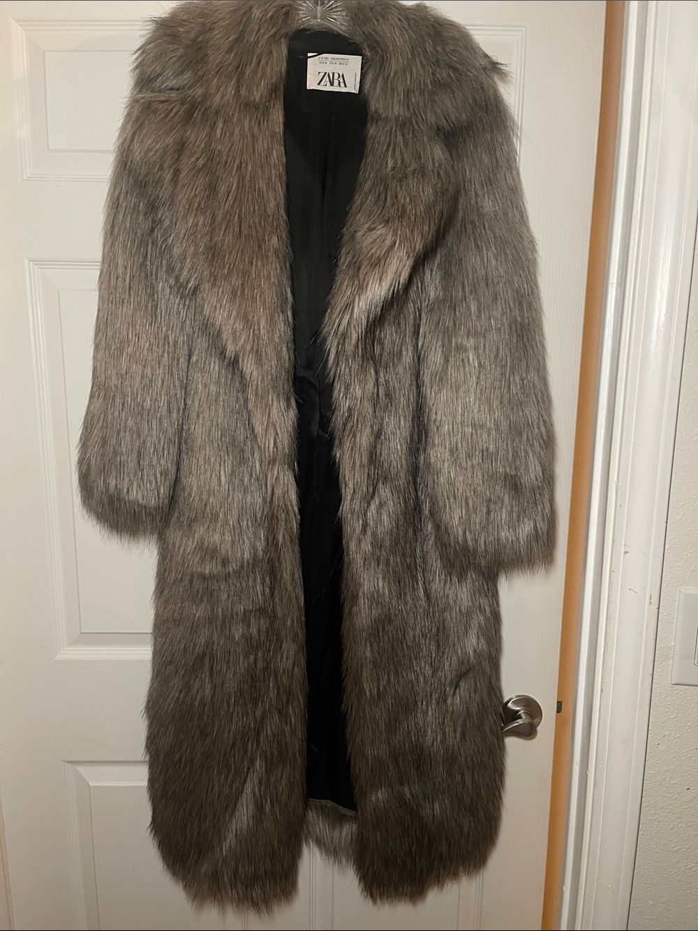 ZARA Grey Faux Fur Long Coat with Plush Collar